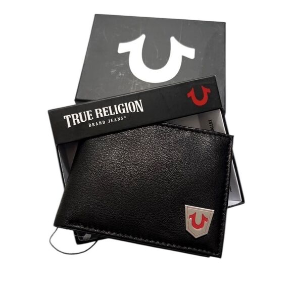 New TRUE RELIGION Slim Bifold Wallet Leather Logo Black Boxed ID Horner RFID X - Picture 3 of 9